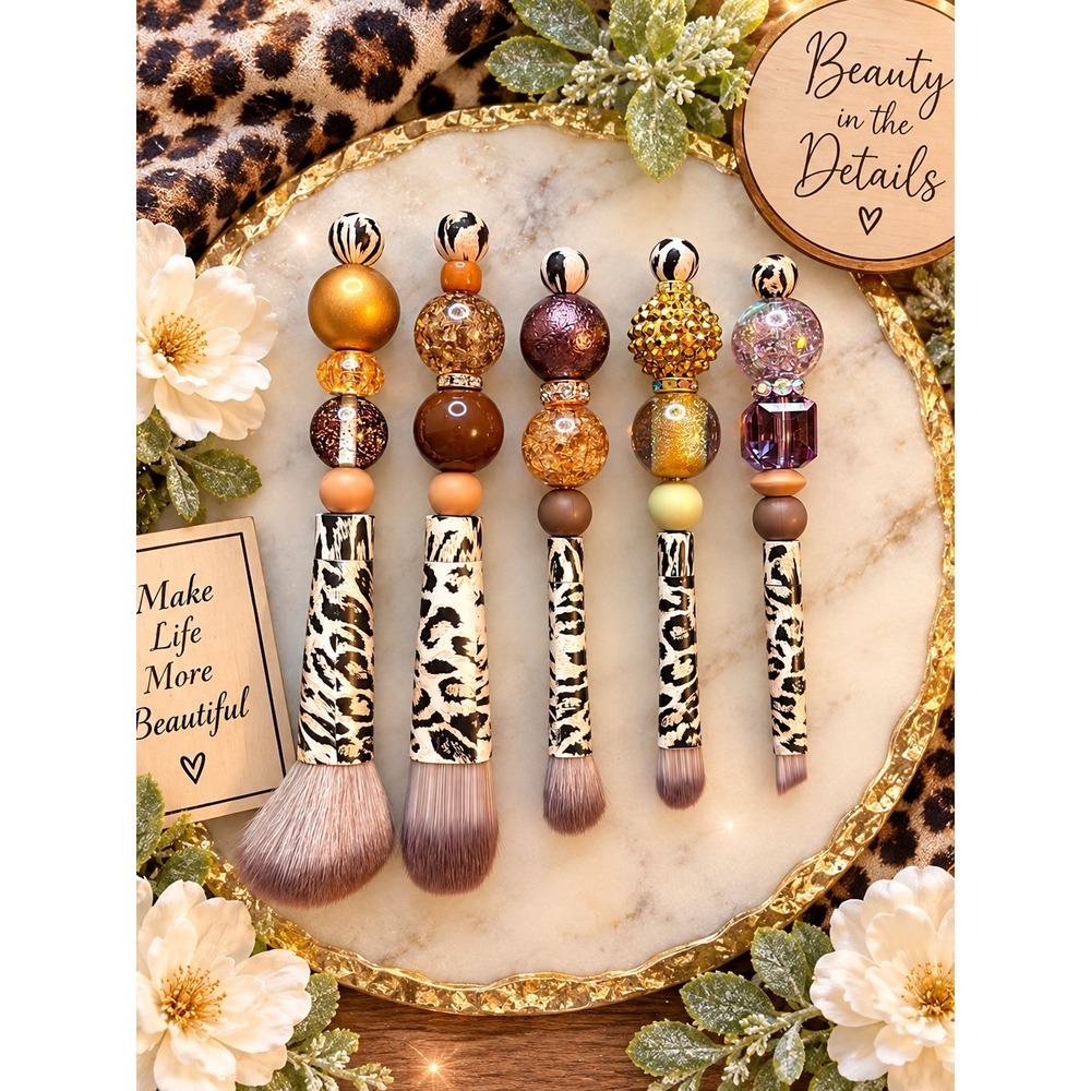 Handmade Leopard Print Beaded Makeup Brush Set 5pc Gold Bronze Purple Zebra